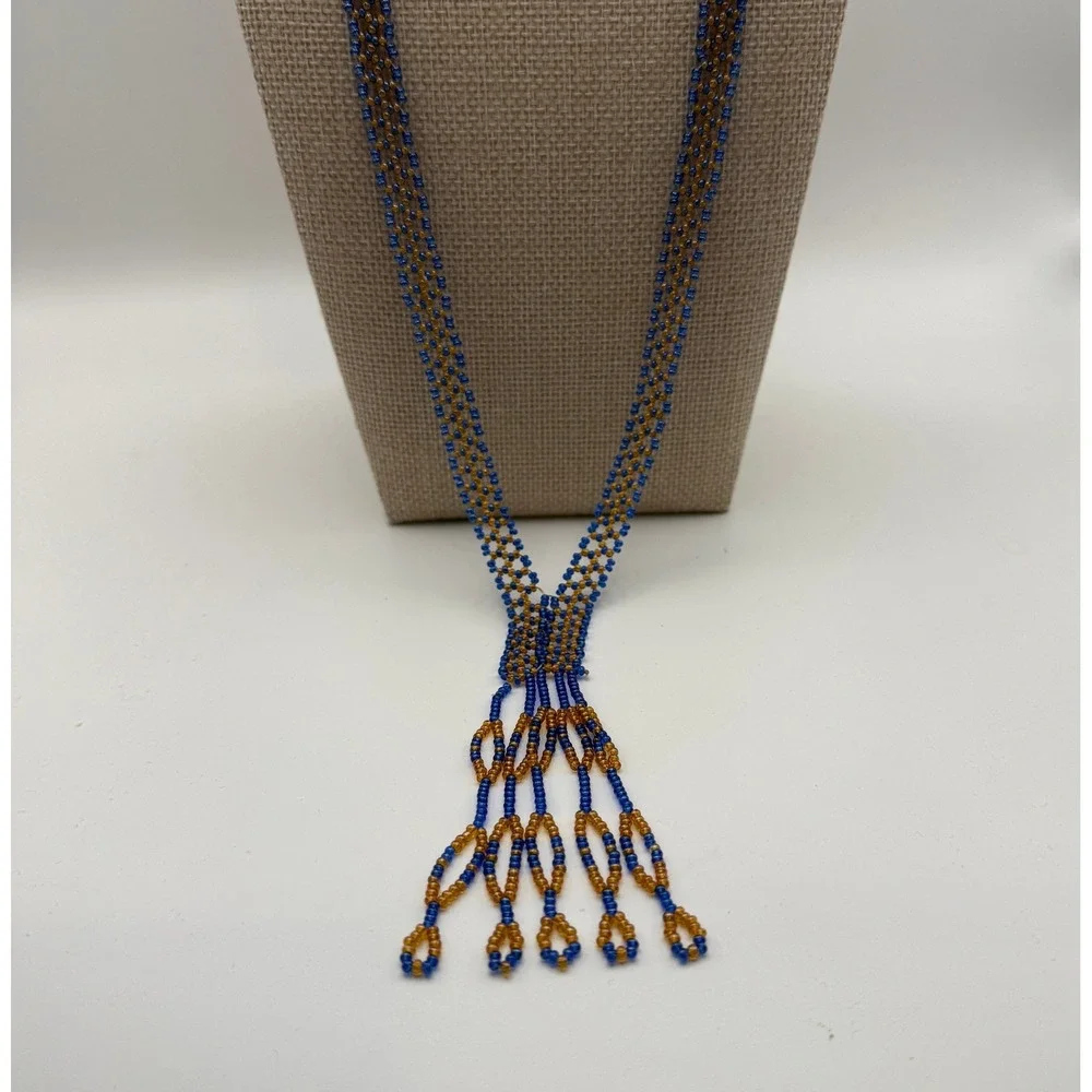 Blue Amber Seed Bead Tassel Lariat Necklace Boho Woven Statement Hippie Festival